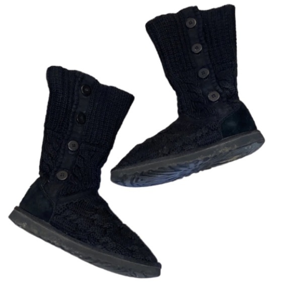UGG AUSTRALIA ~ Black Cable Knit LELAND 1000464 Fold Over BOOTS ~ Women Size 7 - Picture 2 of 7